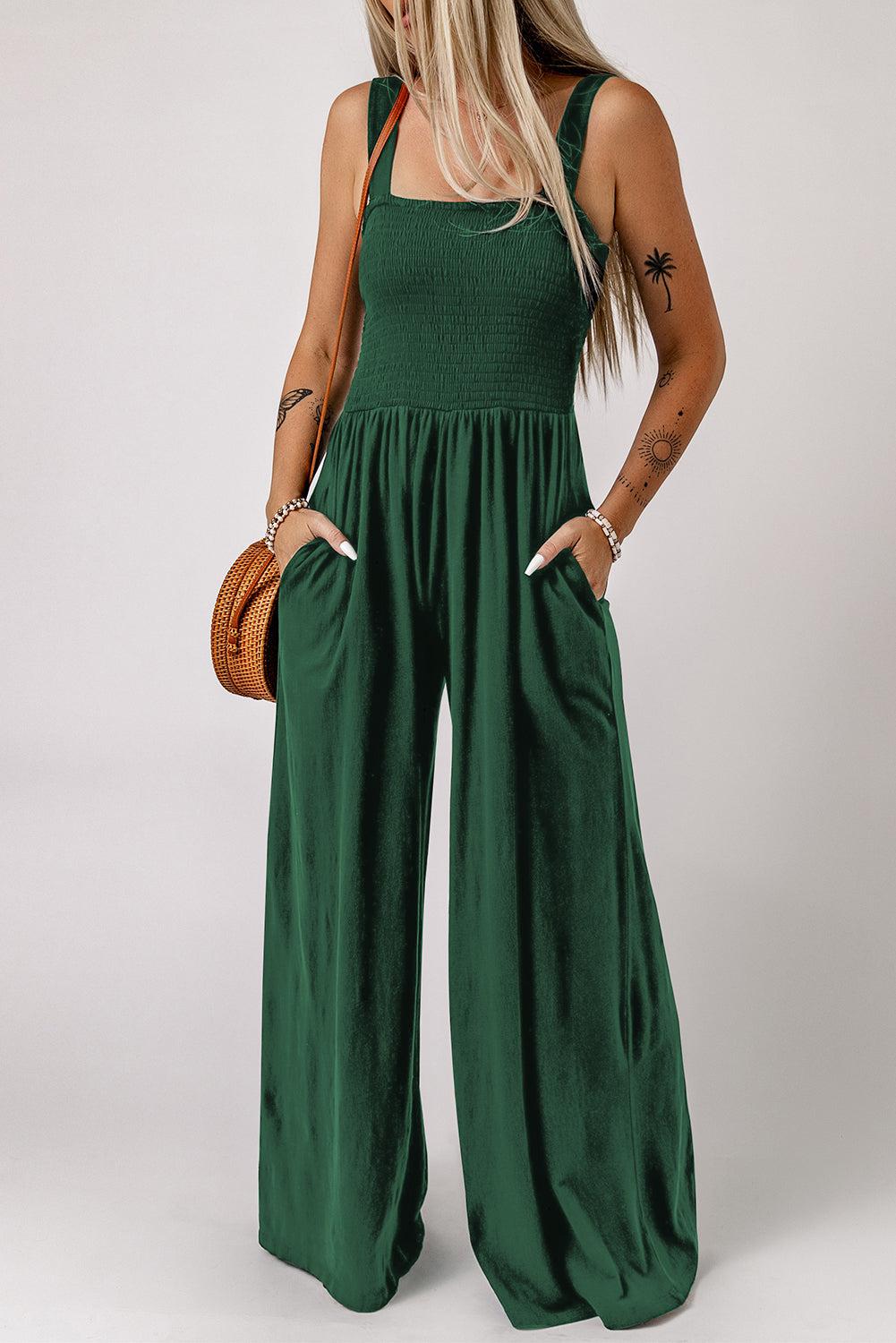 Smocked Square Neck Wide Leg Jumpsuit with Pockets BLUE ZONE PLANET