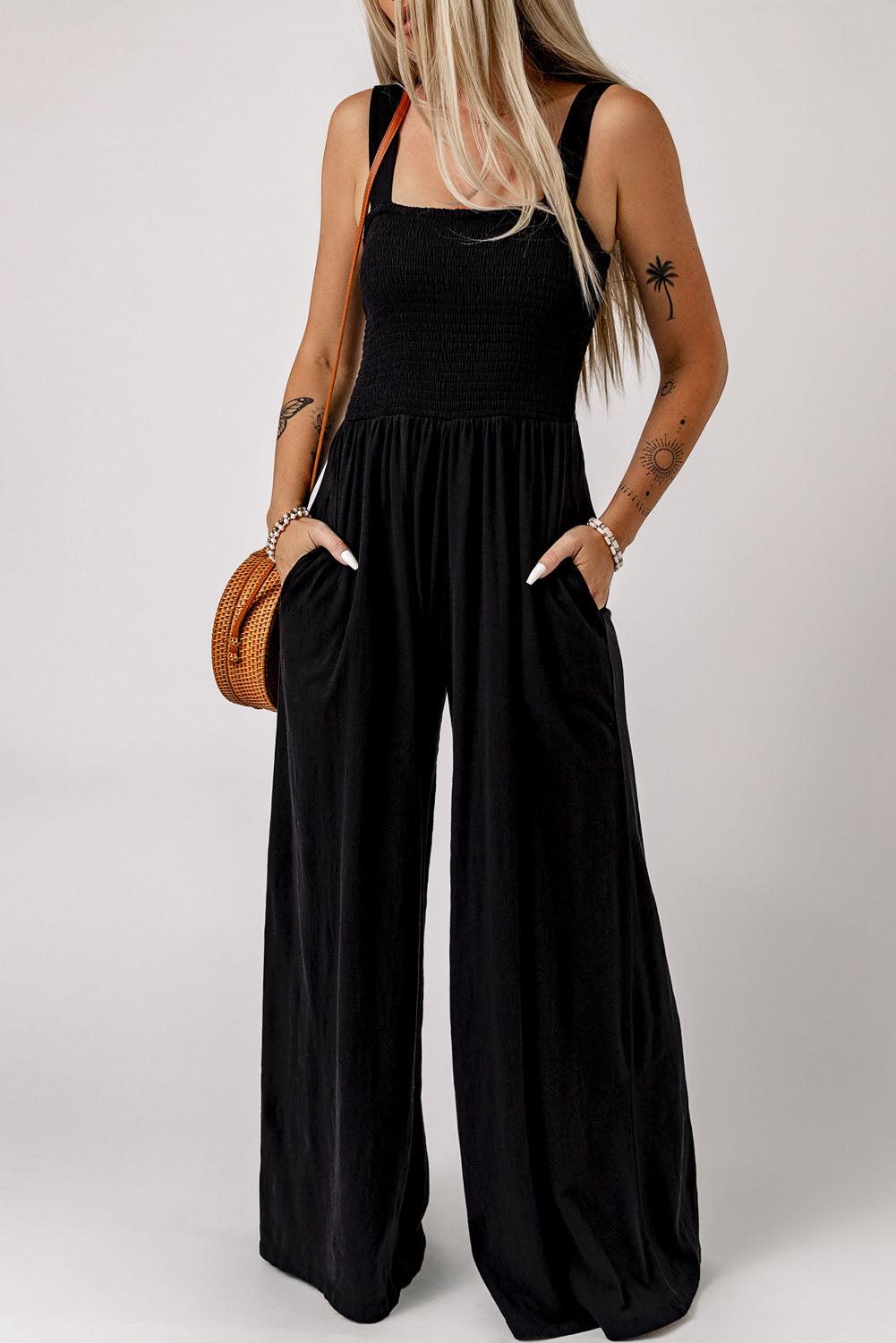 Smocked Square Neck Wide Leg Jumpsuit with Pockets BLUE ZONE PLANET