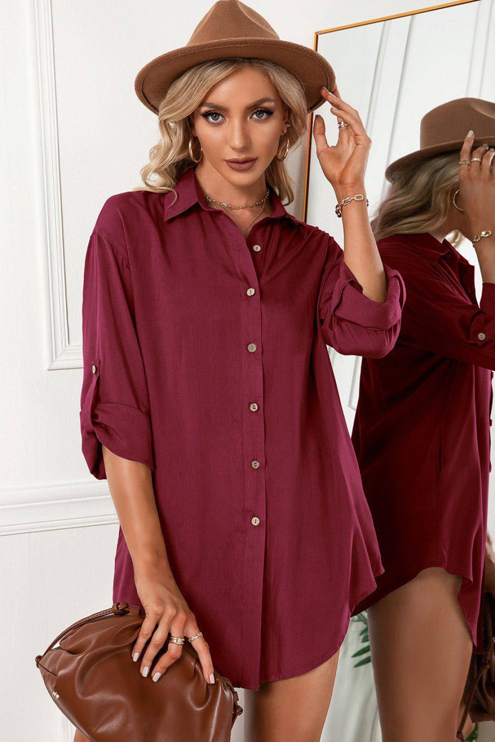 Solid Button Up Drop Shoulder Blouse BLUE ZONE PLANET