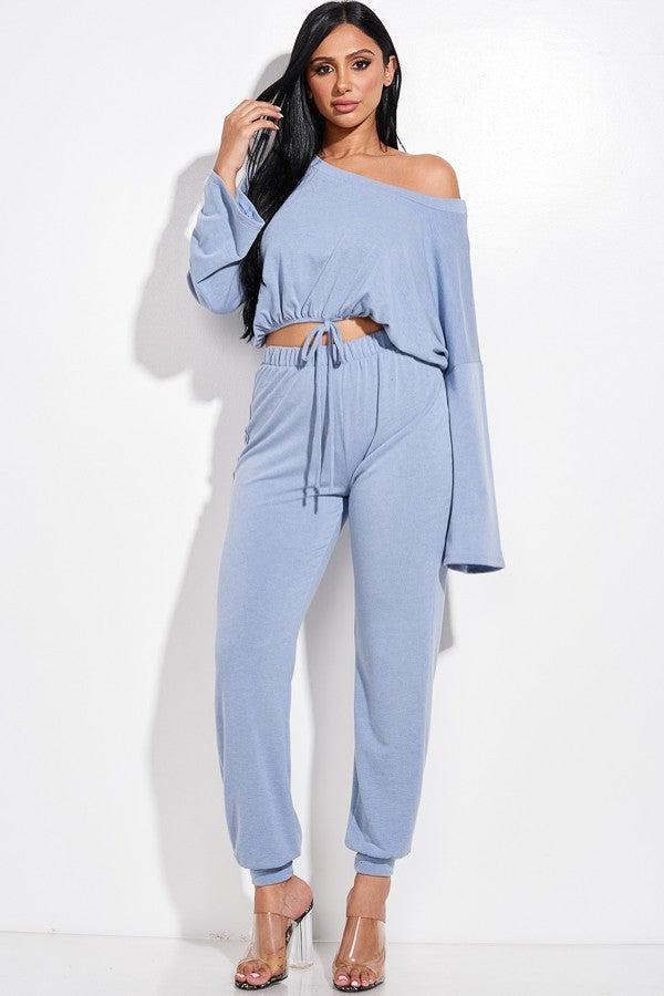 Solid French Terry Long Sleeve Tie Front Slouchy Top And Jogger Pants Two Piece Set-[Adult]-[Female]-Blue Zone Planet