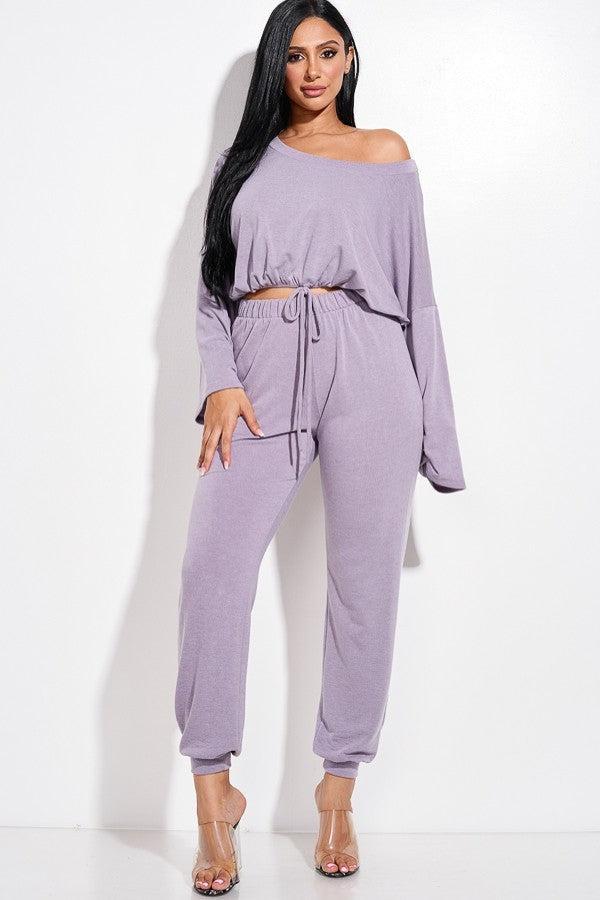 Solid French Terry Long Sleeve Tie Front Slouchy Top And Jogger Pants Two Piece Set-[Adult]-[Female]-Blue Zone Planet