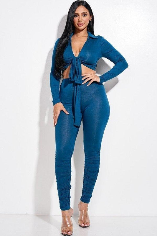 Solid Heavy Rayon Spandex Collared Tie Front Top And Ruched Pants Two Piece Set Blue Zone Planet
