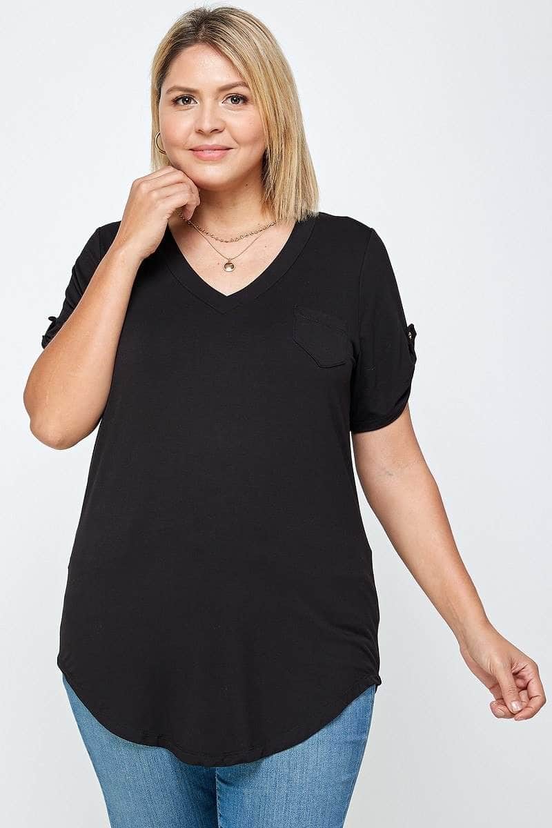 Solid Knit V-neck Tee-TOPS / DRESSES-[Adult]-[Female]-Black-1XL-Blue Zone Planet