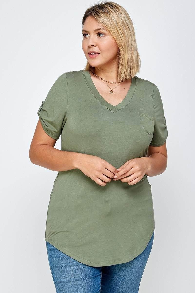 Solid Knit V-neck Tee-TOPS / DRESSES-[Adult]-[Female]-Olive-1XL-Blue Zone Planet