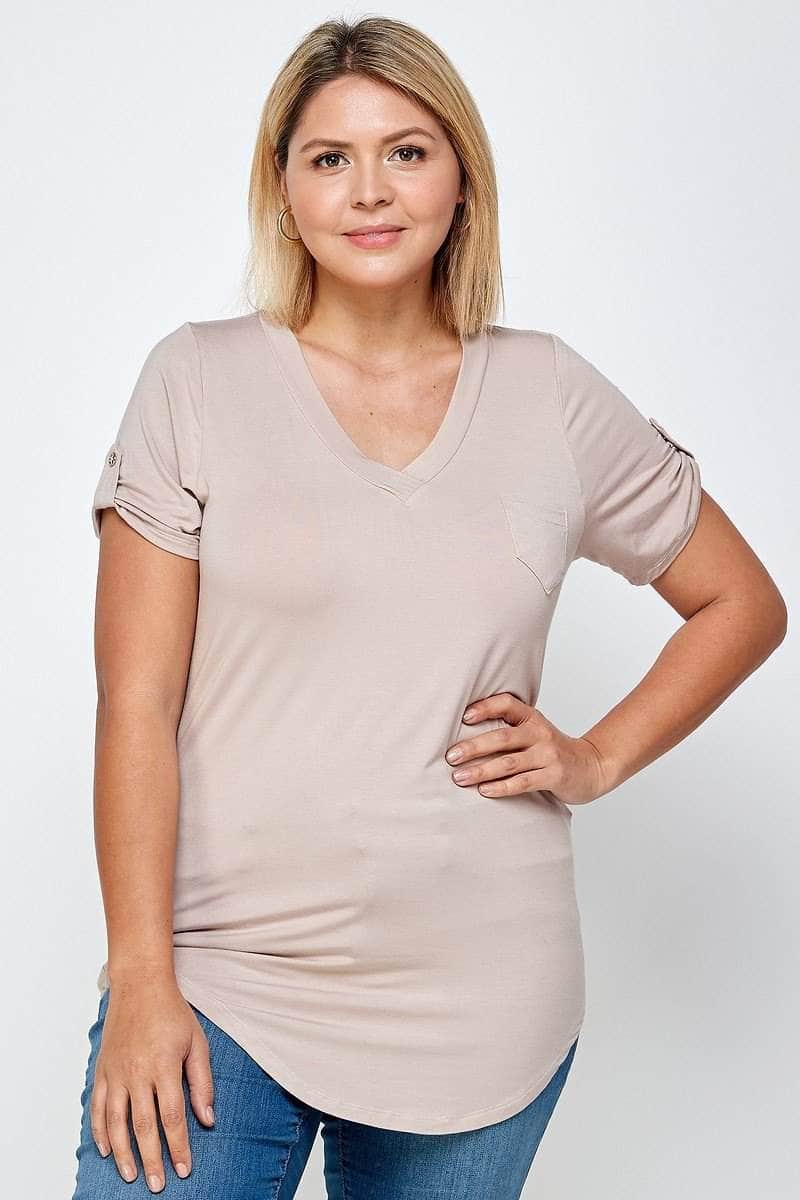 Solid Knit V-neck Tee-TOPS / DRESSES-[Adult]-[Female]-Sand-1XL-Blue Zone Planet