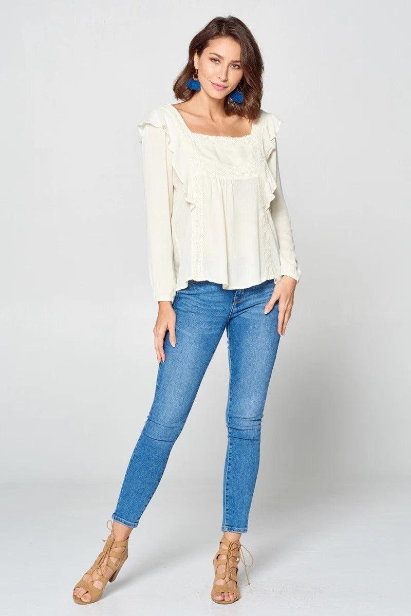 Solid Loose-fit Gauze Peasant Blouse Blue Zone Planet