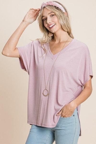 Solid V Neck Casual And Basic Top With Short Dolman Sleeves And Side Slit Hem Blue Zone Planet