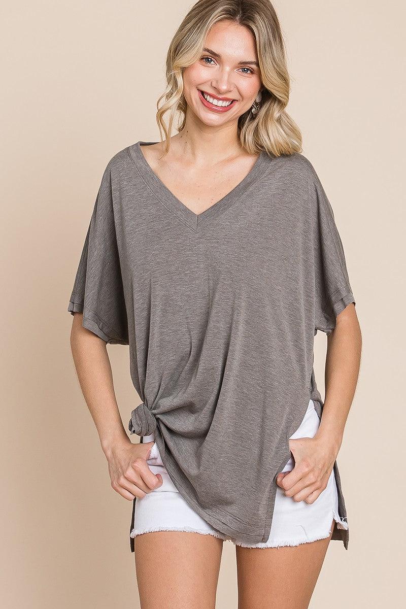 Solid V Neck Casual And Basic Top With Short Dolman Sleeves And Side Slit Hem Blue Zone Planet
