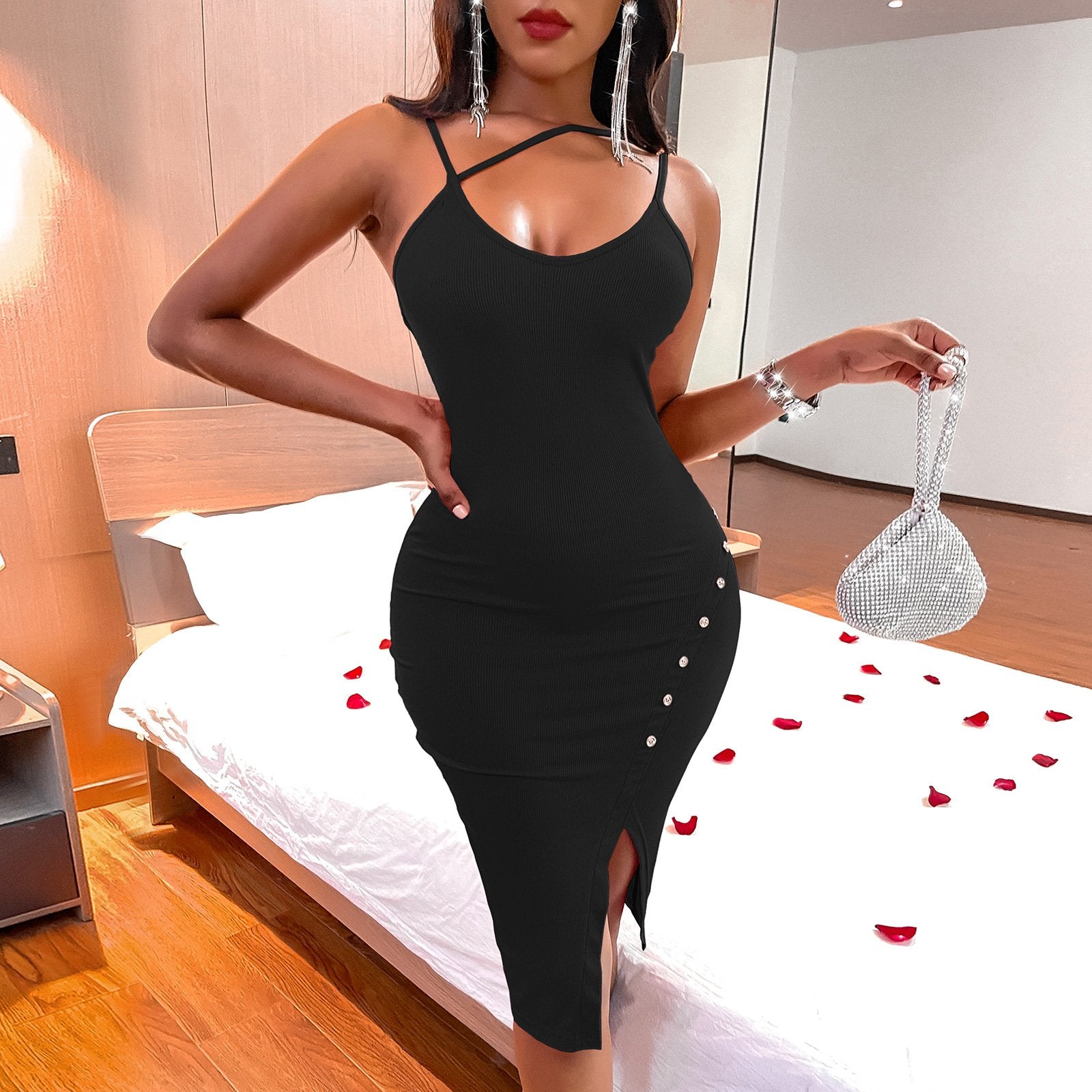 Spaghetti Strap Slit Dress-TOPS / DRESSES-[Adult]-[Female]-Black-S-Blue Zone Planet