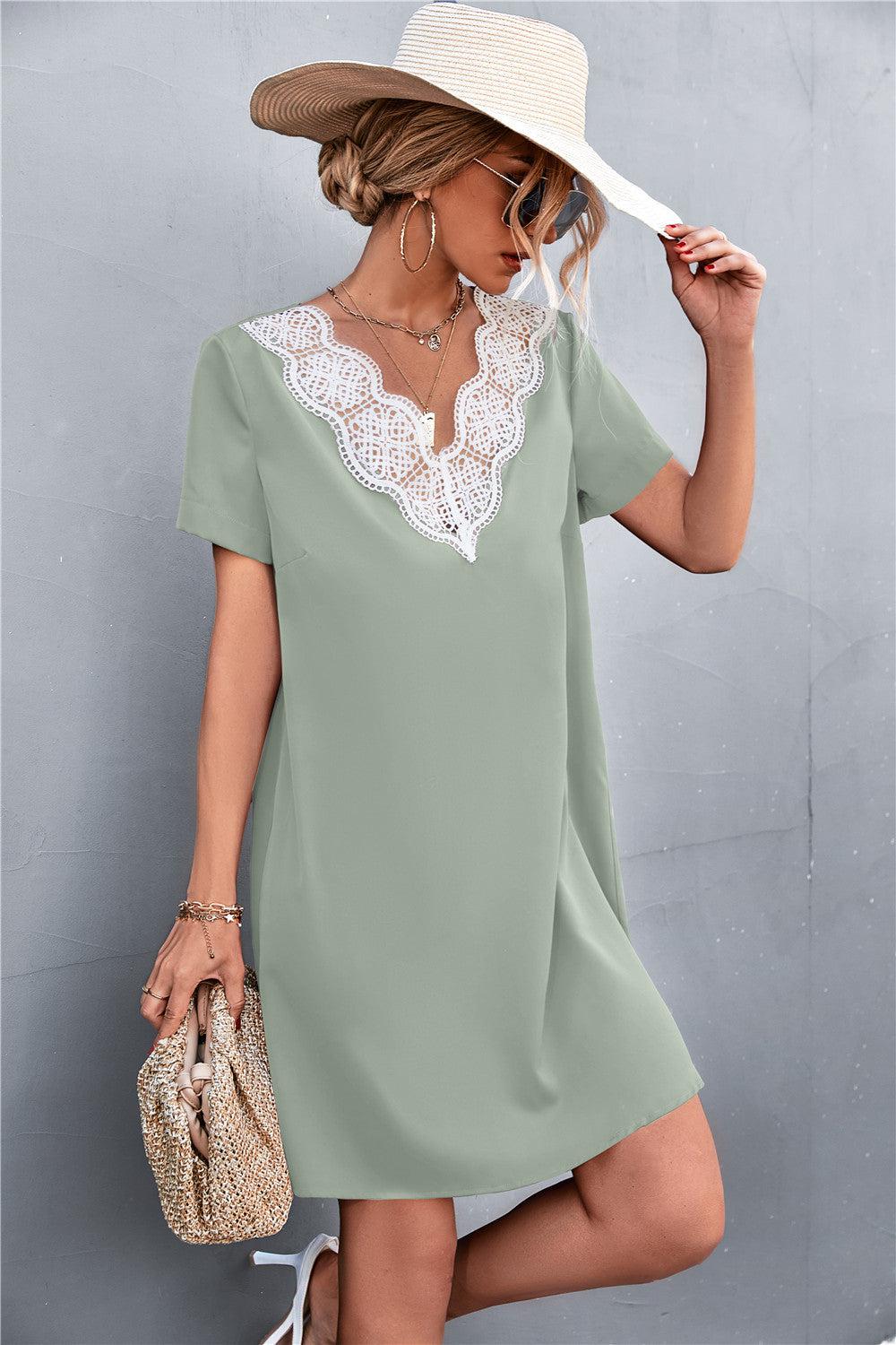 Spliced Lace Contrast Short Sleeve Dress BLUE ZONE PLANET