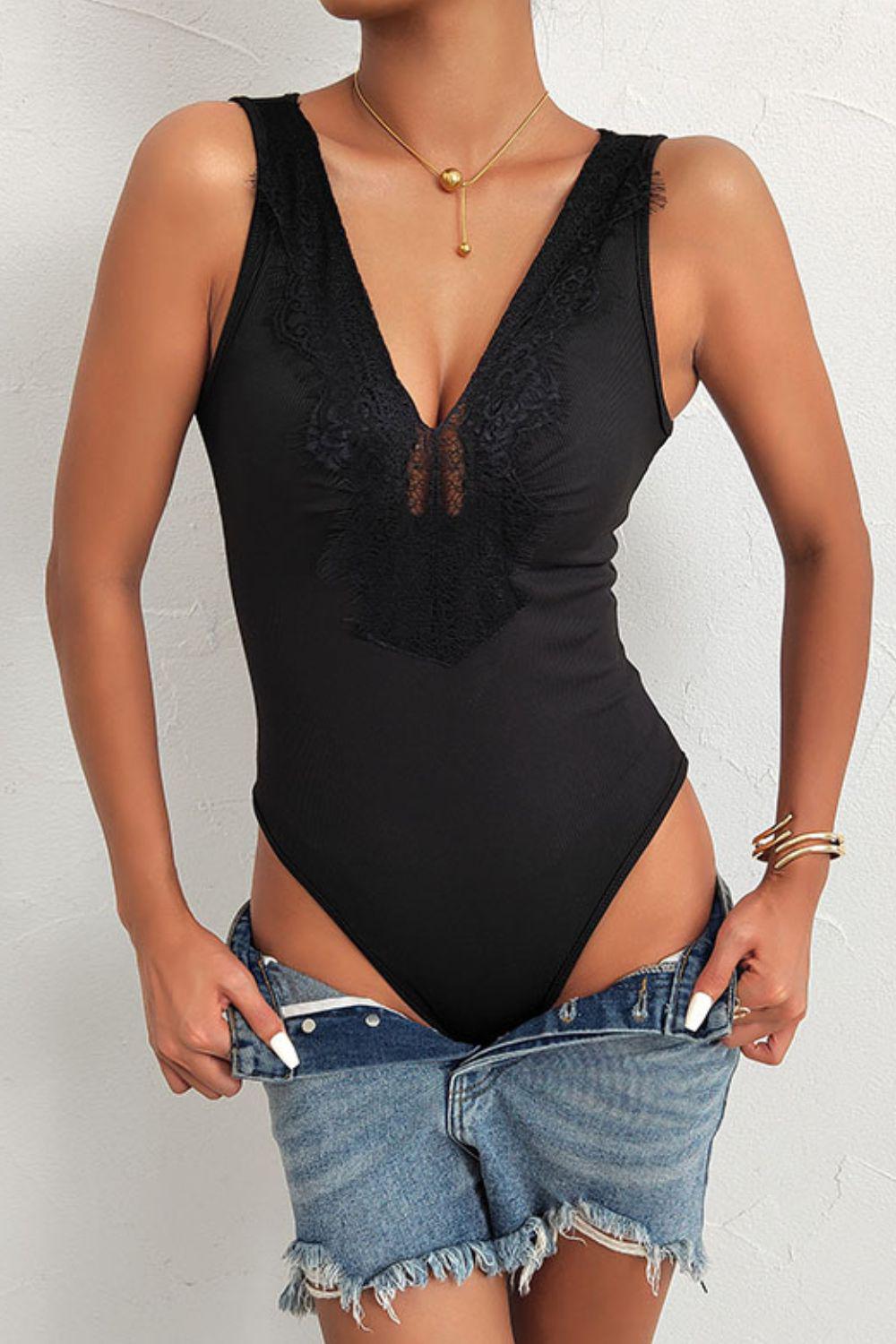 Spliced Lace Deep V Sleeveless Bodysuit BLUE ZONE PLANET