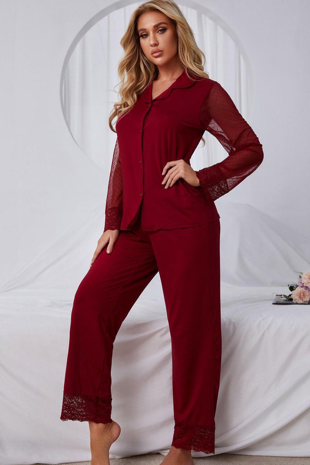 Spliced Lace Lapel Collar Pajama Set BLUE ZONE PLANET