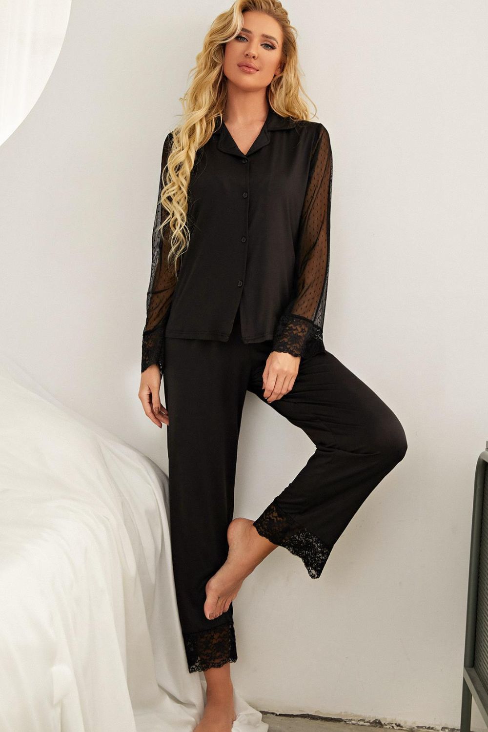 Spliced Lace Lapel Collar Pajama Set BLUE ZONE PLANET