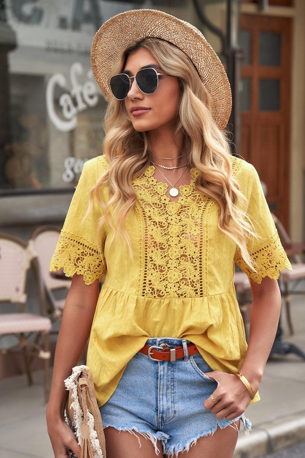 Spliced Lace Peplum Top-TOPS / DRESSES-[Adult]-[Female]-Yellow-S-Blue Zone Planet