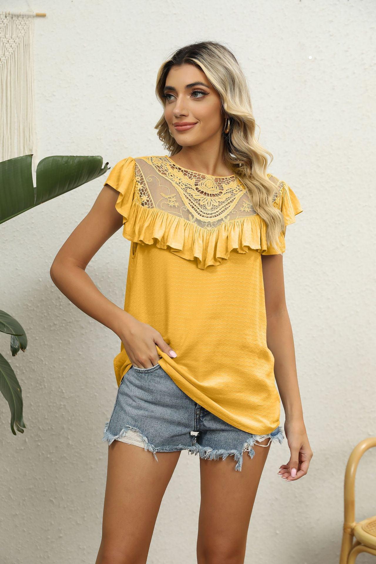 Spliced Lace Ruffled Blouse BLUE ZONE PLANET