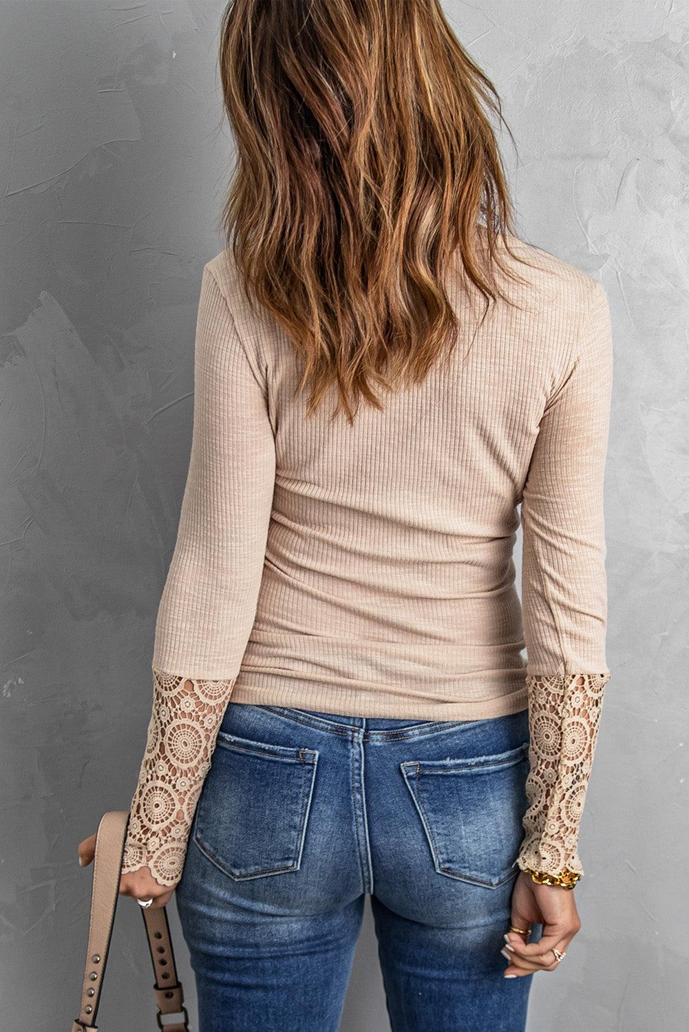 Spliced Lace Sleeve Ribbed Top-TOPS / DRESSES-[Adult]-[Female]-2022 Online Blue Zone Planet