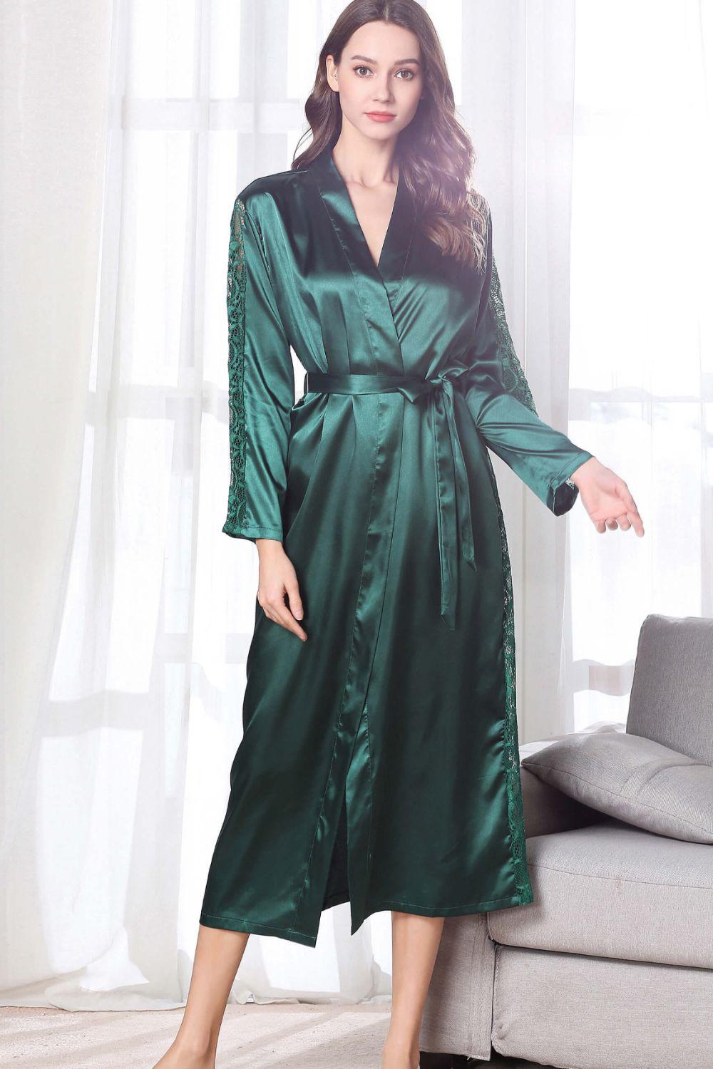 Spliced Lace Tie Waist Satin Robe BLUE ZONE PLANET