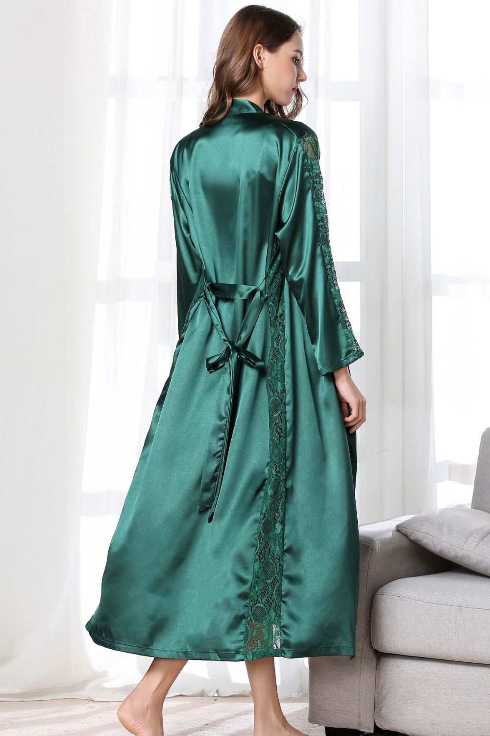 Spliced Lace Tie Waist Satin Robe BLUE ZONE PLANET