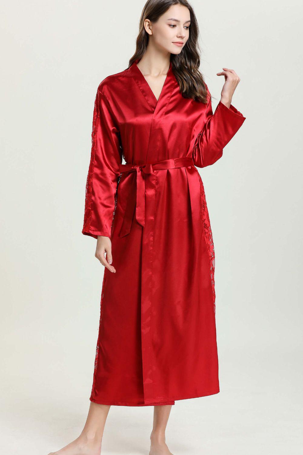 Spliced Lace Tie Waist Satin Robe BLUE ZONE PLANET