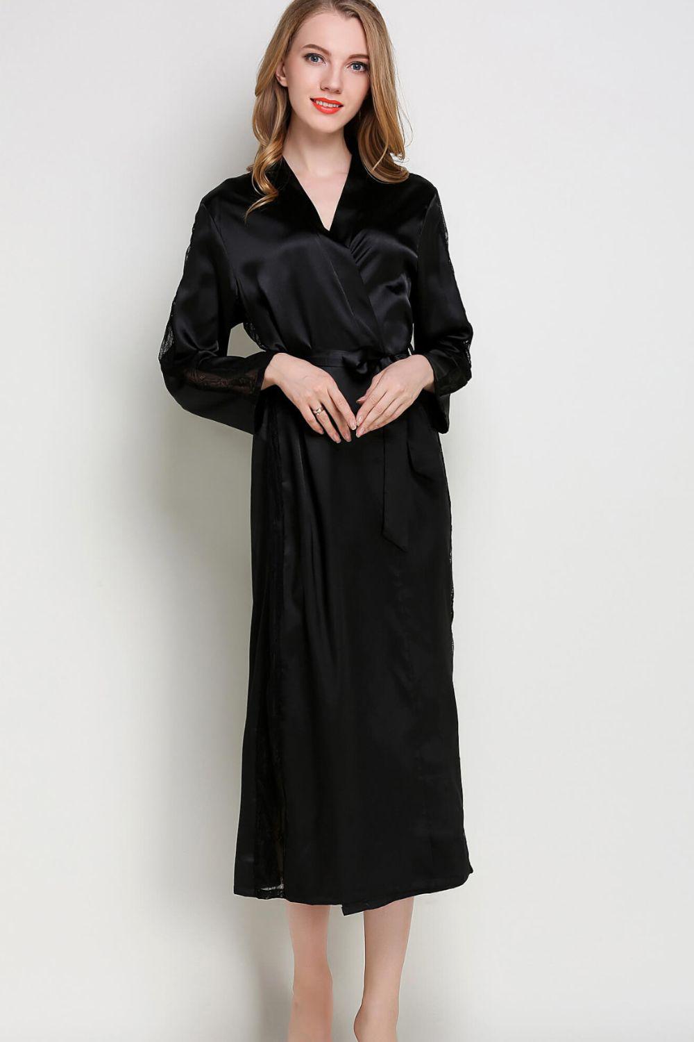 Spliced Lace Tie Waist Satin Robe BLUE ZONE PLANET