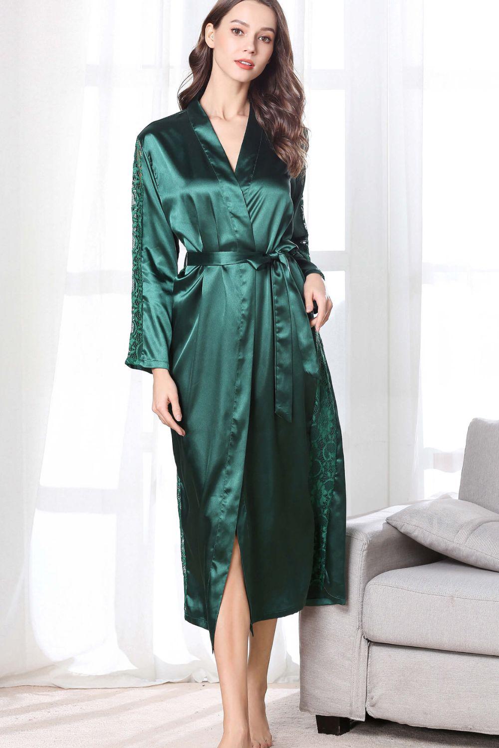 Spliced Lace Tie Waist Satin Robe BLUE ZONE PLANET