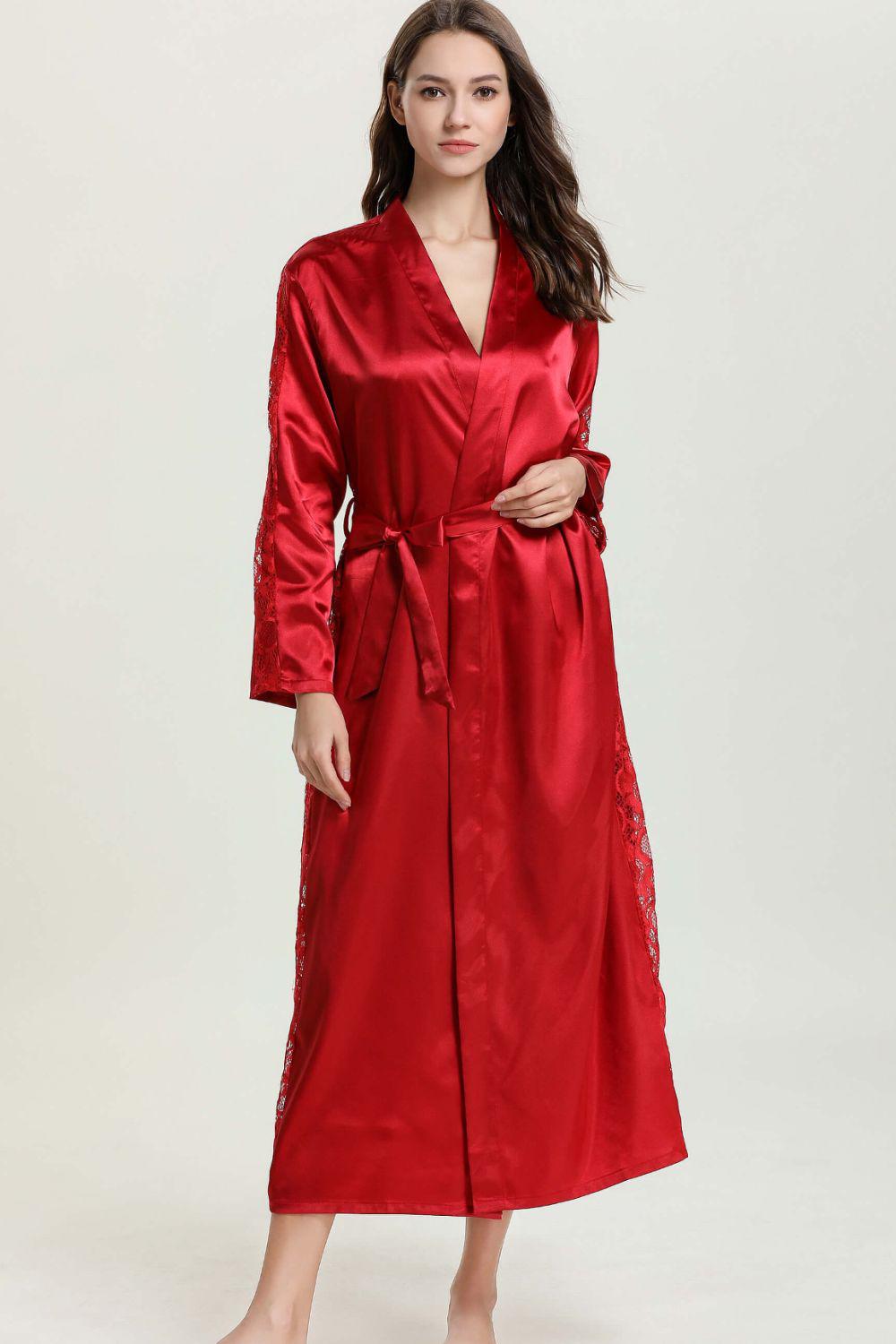 Spliced Lace Tie Waist Satin Robe BLUE ZONE PLANET