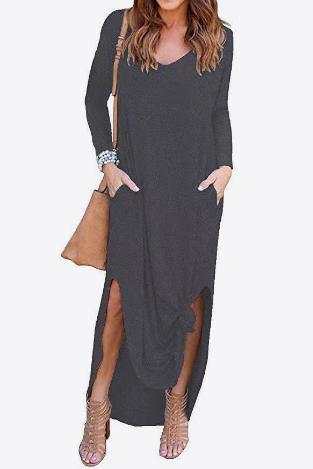 Split Long Sleeve V-Neck Maxi Dress BLUE ZONE PLANET