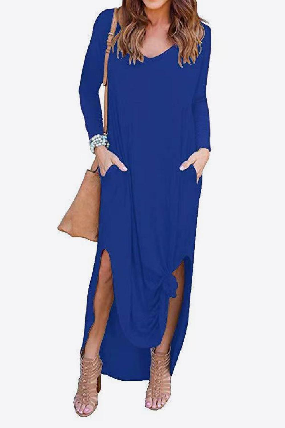 Split Long Sleeve V-Neck Maxi Dress BLUE ZONE PLANET