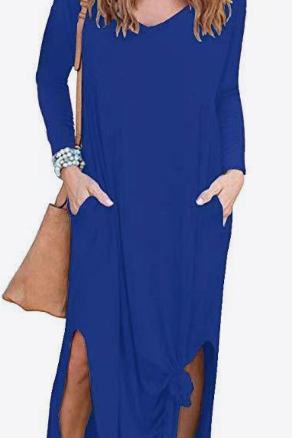 Split Long Sleeve V-Neck Maxi Dress BLUE ZONE PLANET