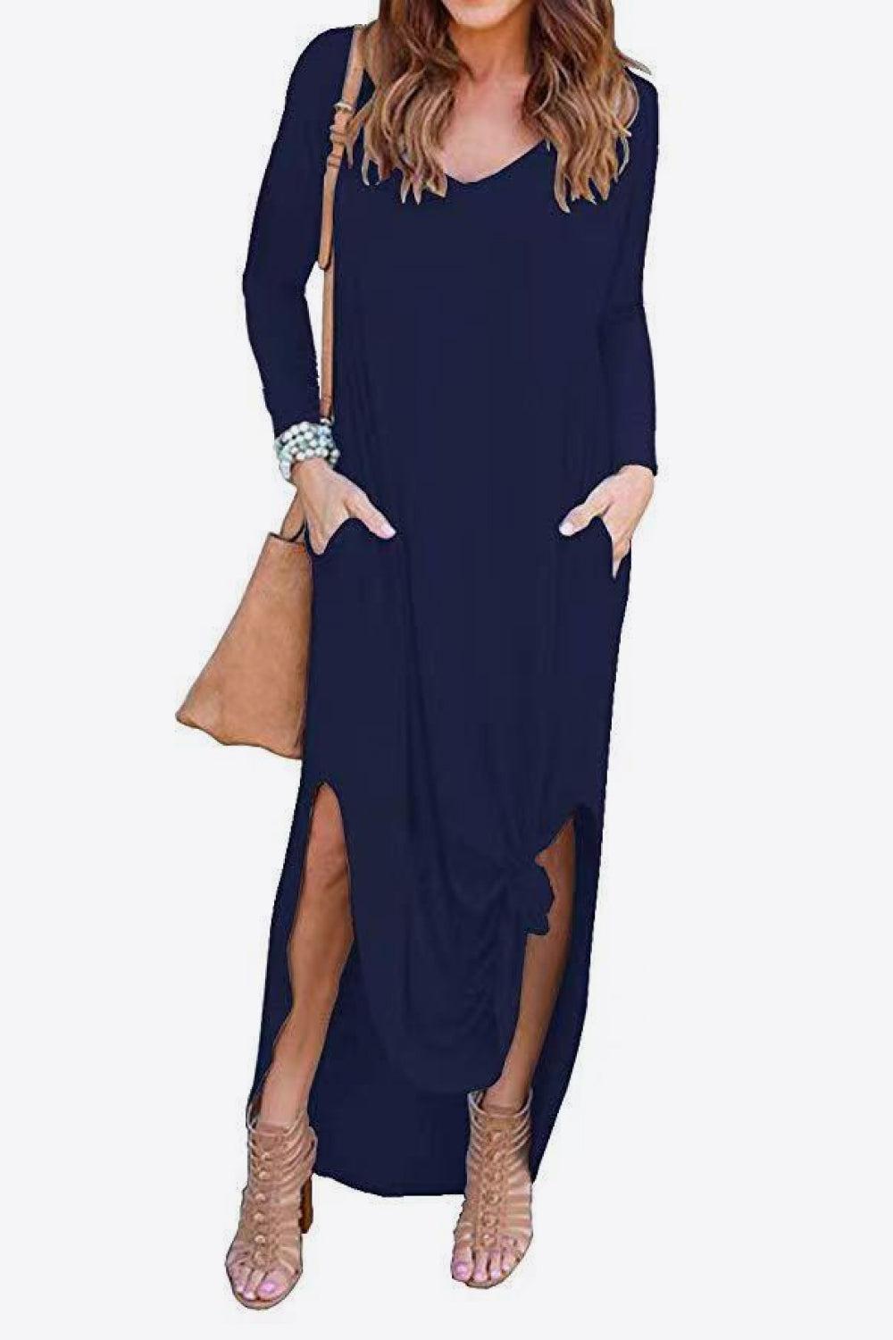 Split Long Sleeve V-Neck Maxi Dress BLUE ZONE PLANET