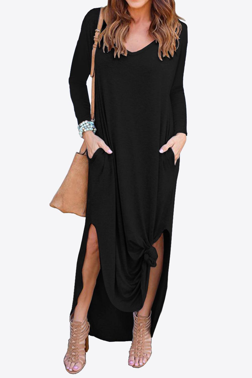 Split Long Sleeve V-Neck Maxi Dress BLUE ZONE PLANET