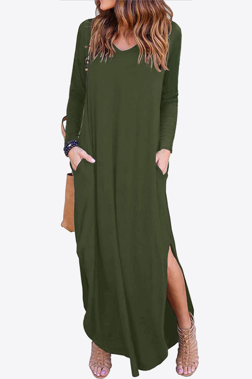 Split Long Sleeve V-Neck Maxi Dress BLUE ZONE PLANET