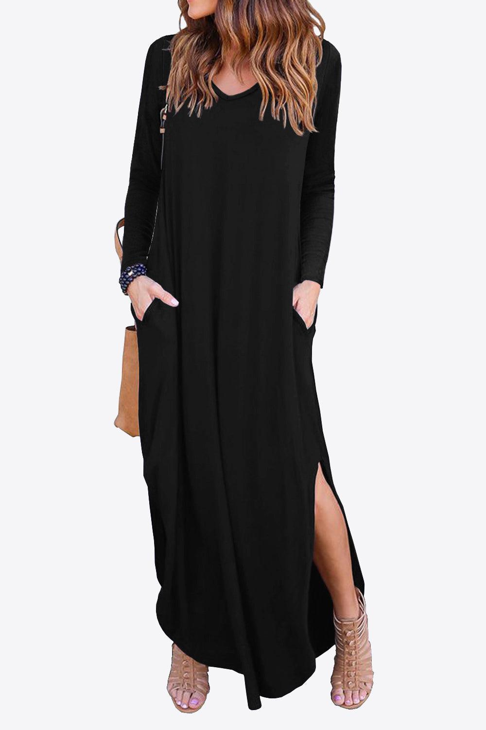 Split Long Sleeve V-Neck Maxi Dress BLUE ZONE PLANET