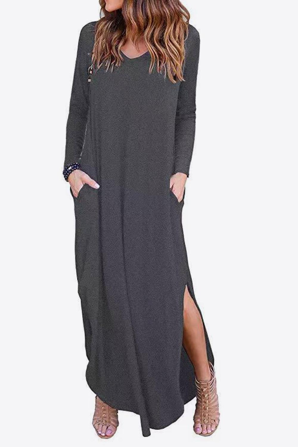 Split Long Sleeve V-Neck Maxi Dress BLUE ZONE PLANET