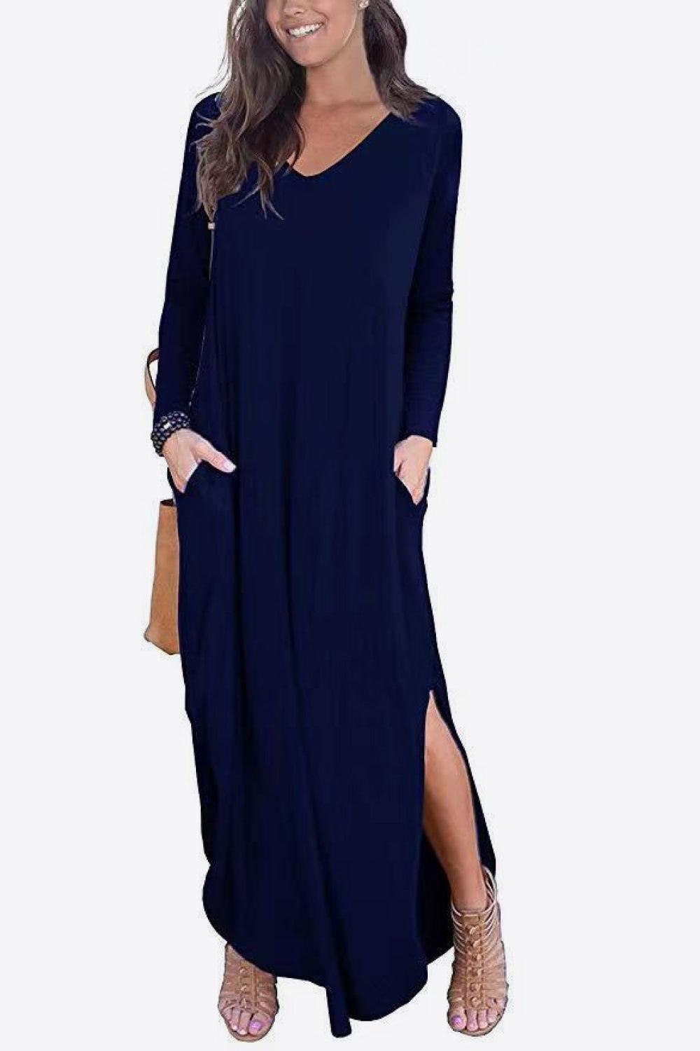 Split Long Sleeve V-Neck Maxi Dress BLUE ZONE PLANET