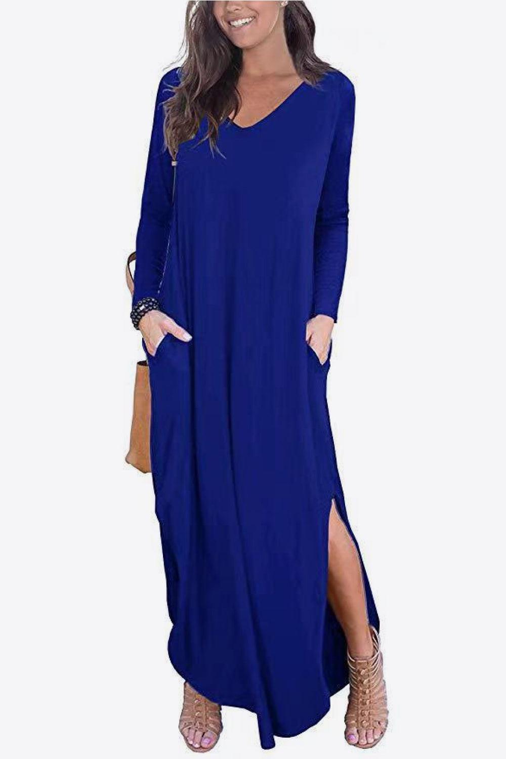 Split Long Sleeve V-Neck Maxi Dress BLUE ZONE PLANET