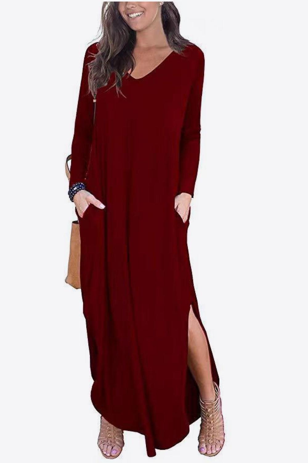 Split Long Sleeve V-Neck Maxi Dress BLUE ZONE PLANET