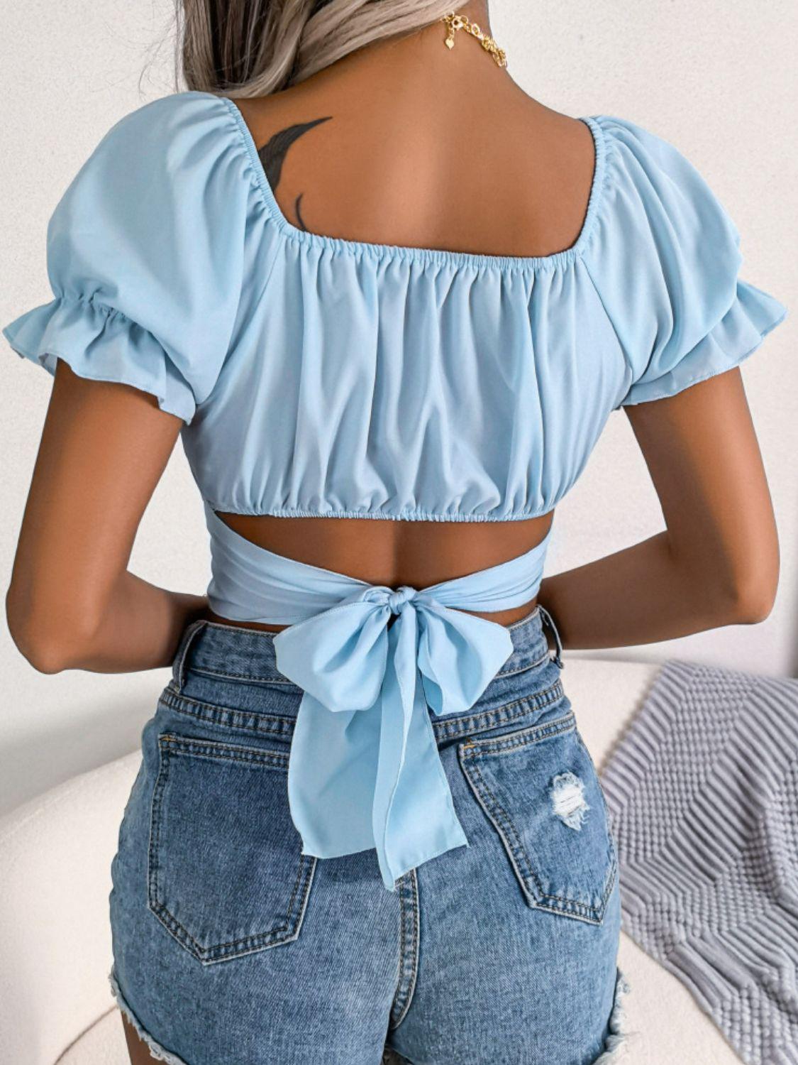 Square Neck Crisscross Flounce Sleeve Cropped Top BLUE ZONE PLANET