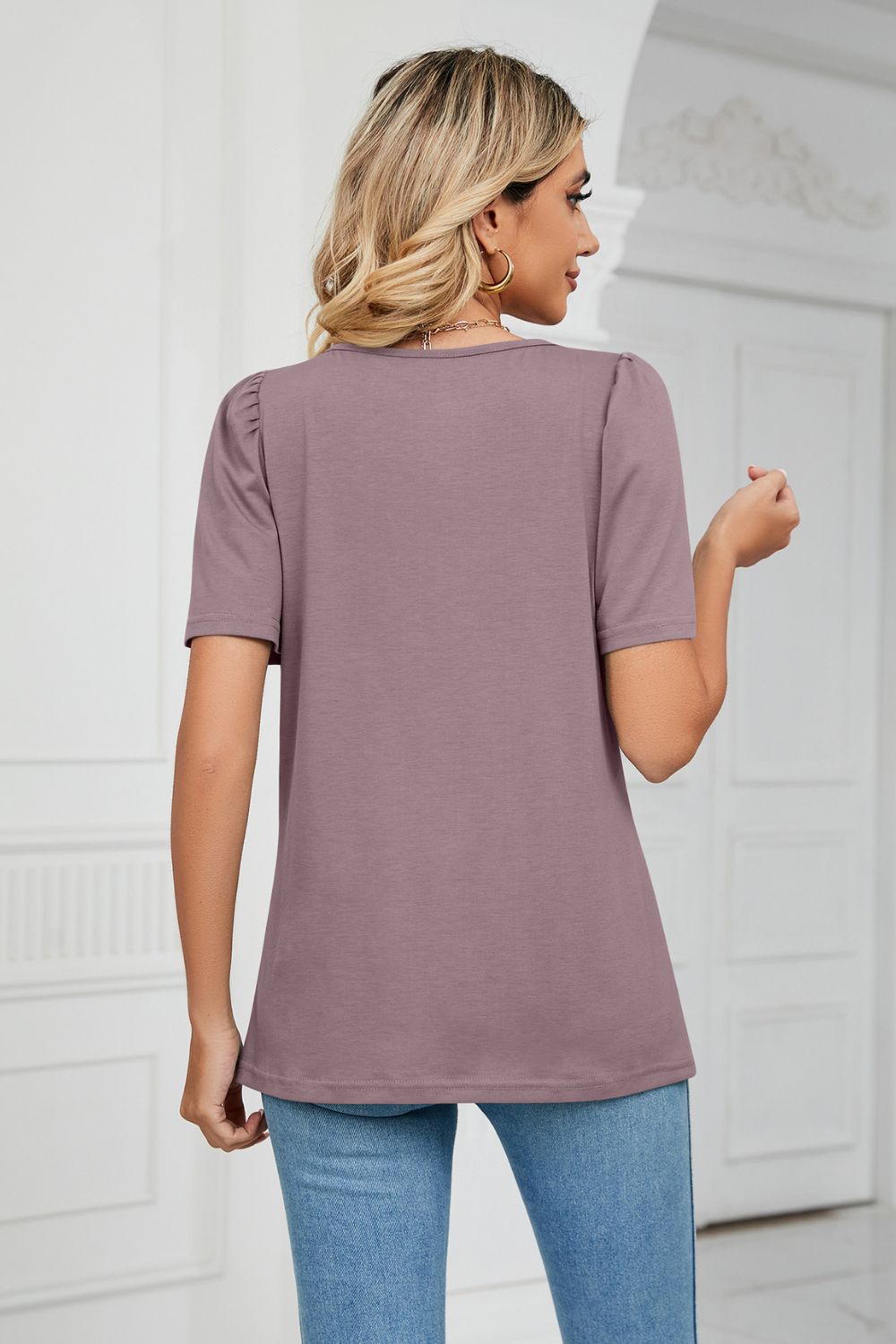 Square Neck Puff Sleeve Tee Shirt BLUE ZONE PLANET