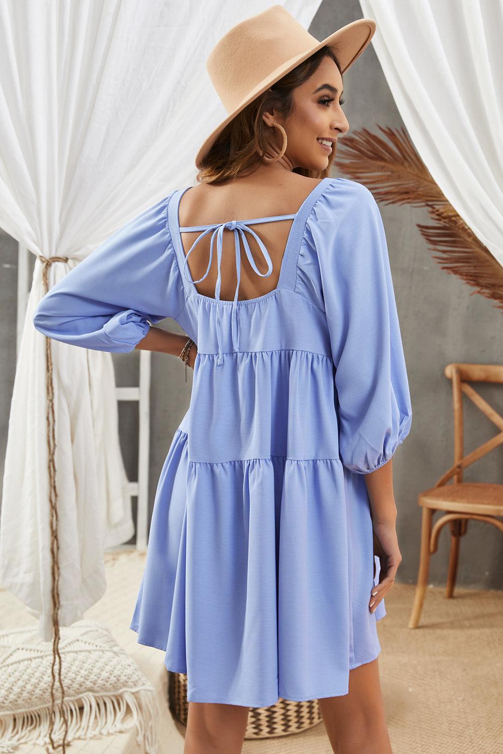 Square Neck Tie Back Tiered Dress BLUE ZONE PLANET