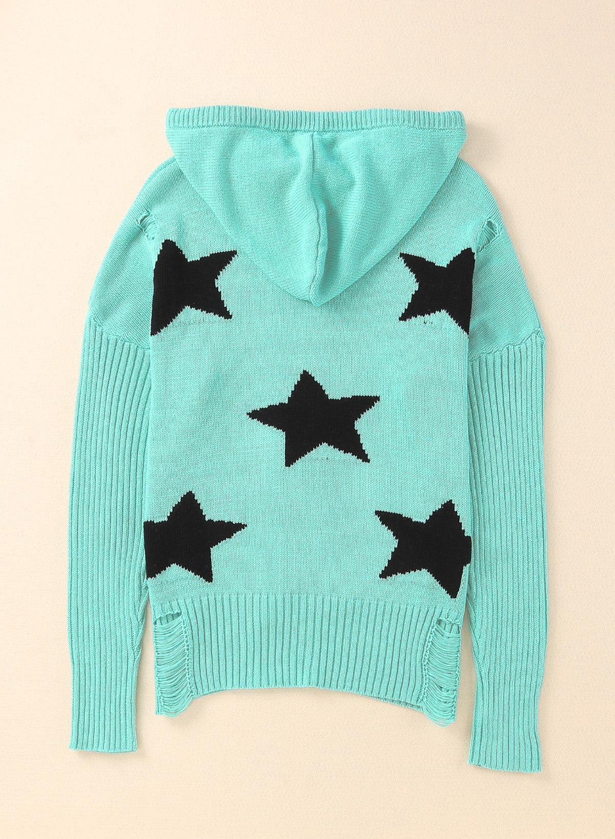 Star Distressed Slit Hooded Sweater-TOPS / DRESSES-[Adult]-[Female]-2022 Online Blue Zone Planet