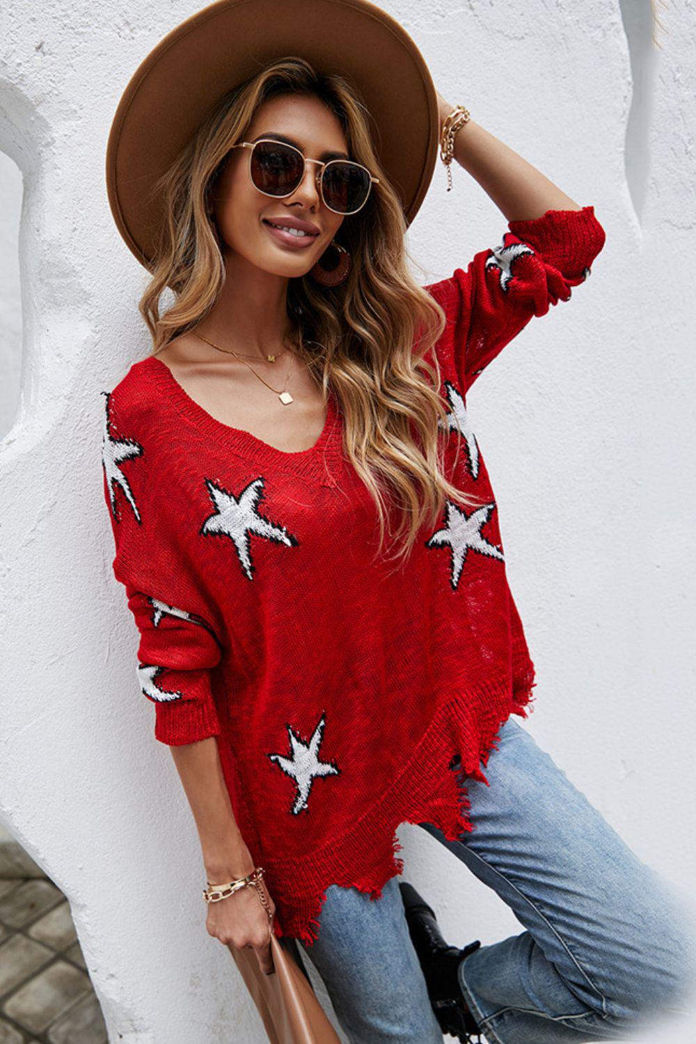 Star Pattern Distressed Sweater-TOPS / DRESSES-[Adult]-[Female]-2022 Online Blue Zone Planet