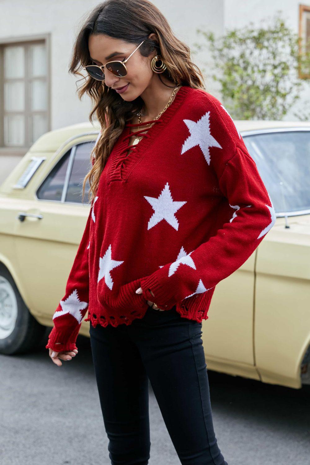 Star Pattern Lace-Up Drop Shoulder Sweater BLUE ZONE PLANET