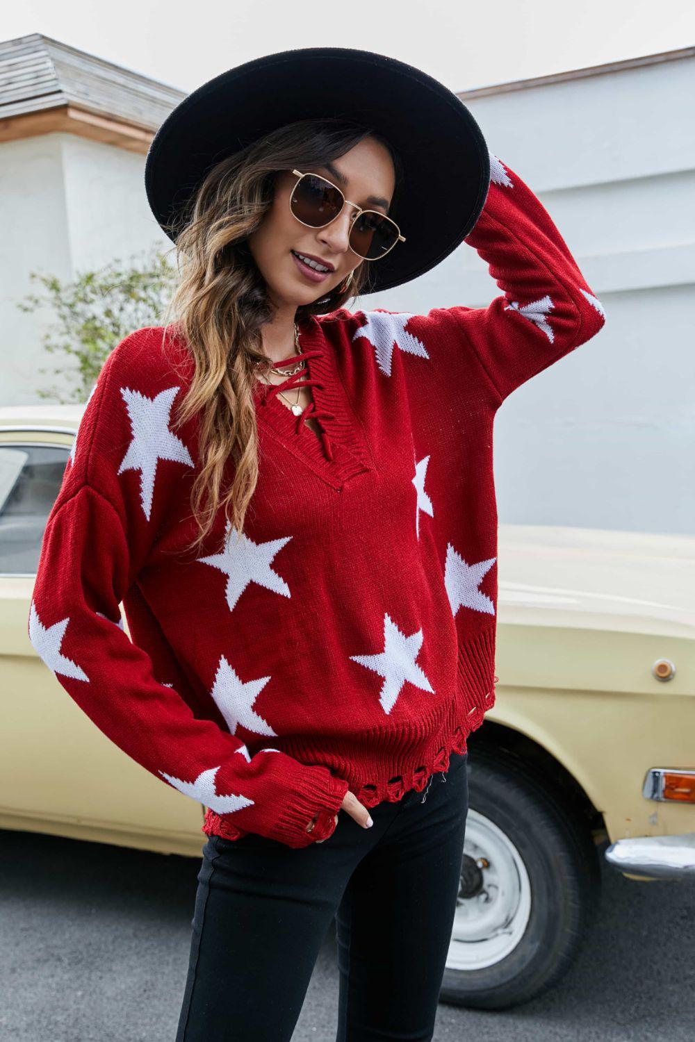 Star Pattern Lace-Up Drop Shoulder Sweater BLUE ZONE PLANET