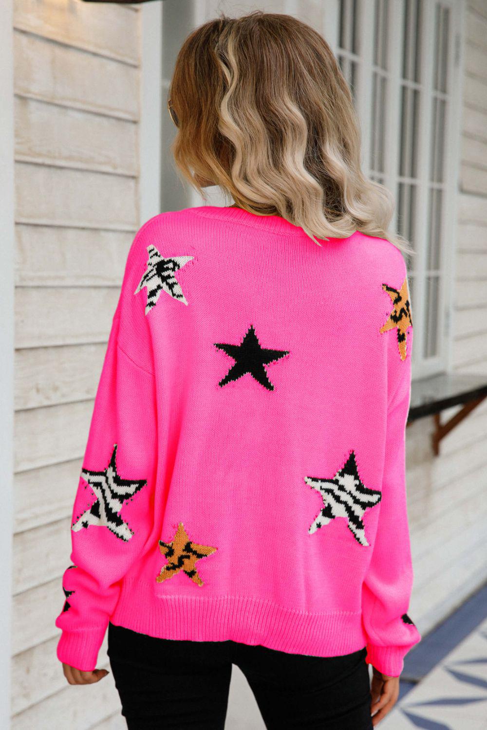 Star Pattern Round Neck Dropped Shoulder Sweater BLUE ZONE PLANET