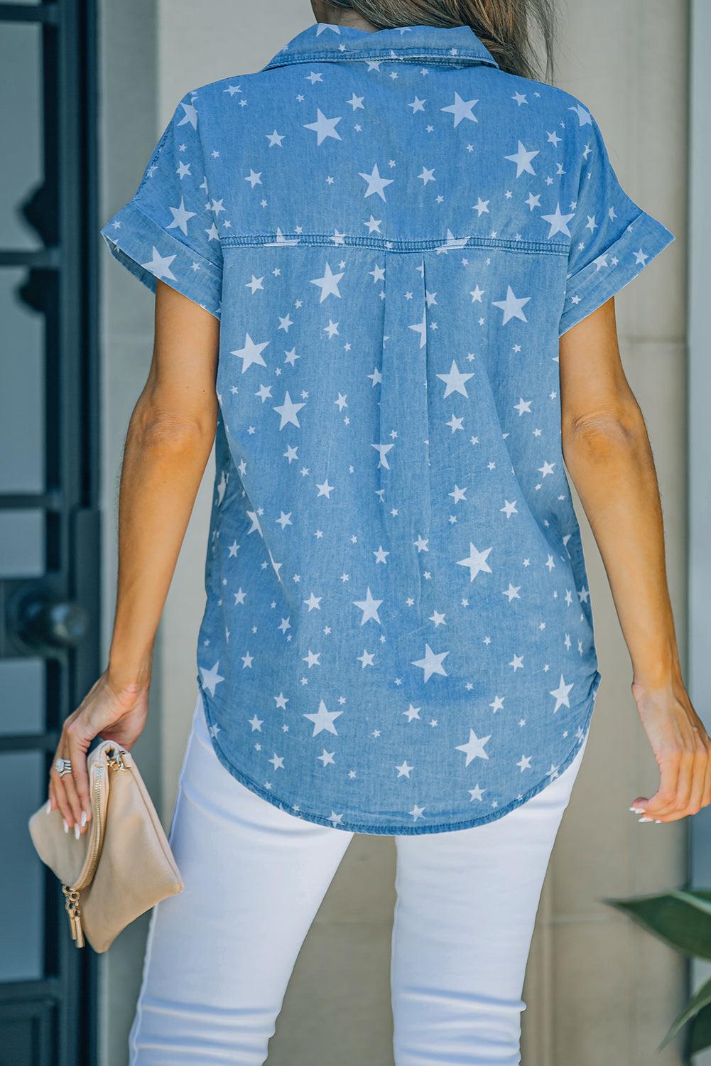 Star Print Button-Up Cuffed Short Sleeve Shirt-TOPS / DRESSES-[Adult]-[Female]-2022 Online Blue Zone Planet