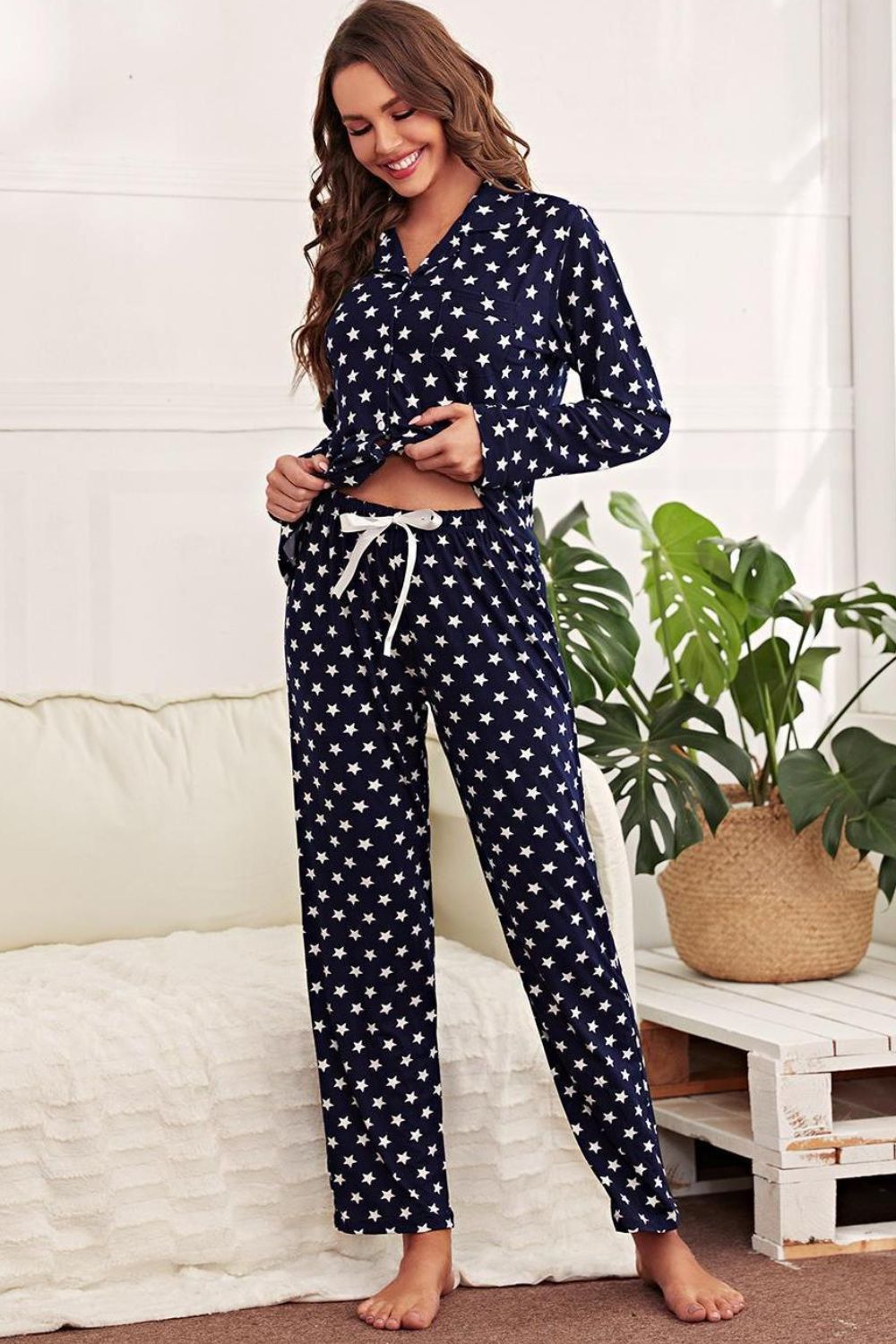 Star Print Button-Up Shirt and Pants Lounge Set BLUE ZONE PLANET