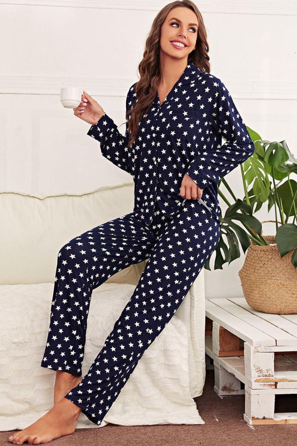Star Print Button-Up Shirt and Pants Lounge Set BLUE ZONE PLANET