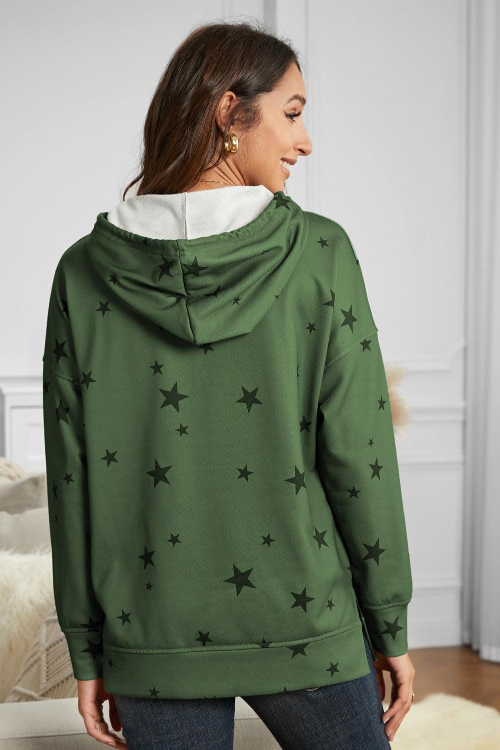 Star Print Drawstring Detail Hoodie BLUE ZONE PLANET