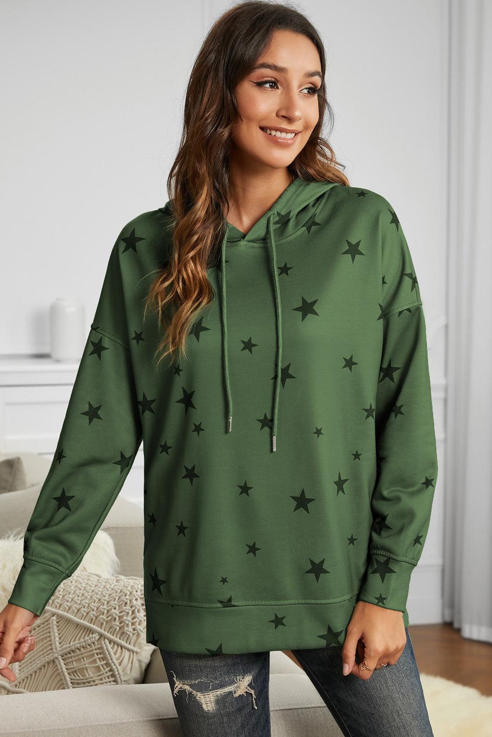 Star Print Drawstring Detail Hoodie BLUE ZONE PLANET